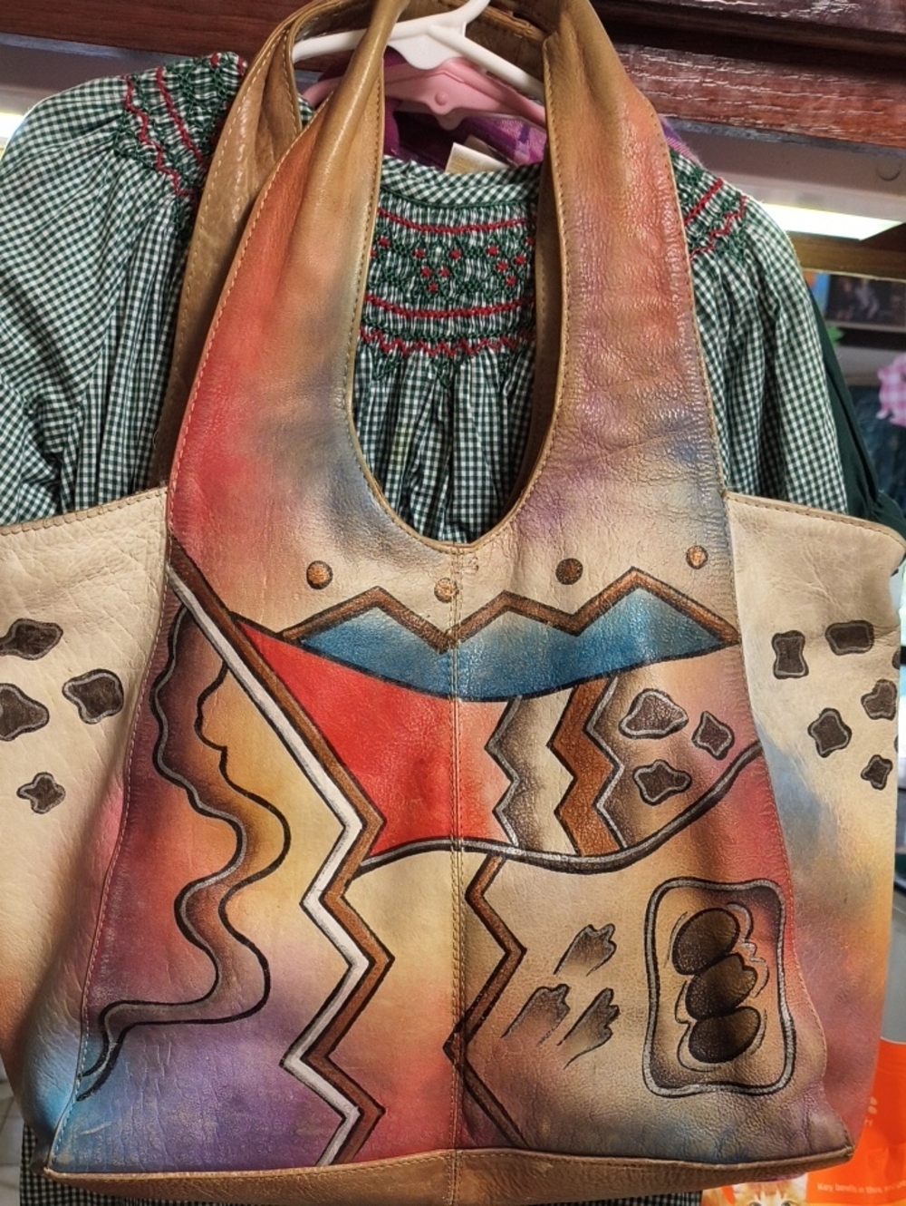 Hand-Painted 1990s Leather Shoulder Bag By Great American Leatherworks EUC